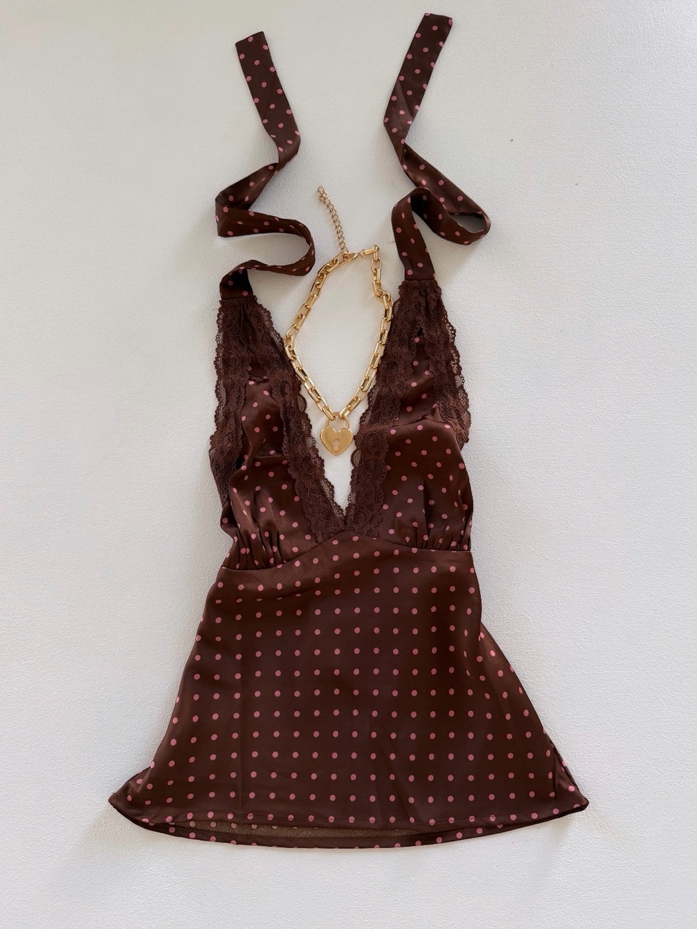 Brown & Pink Polka Dot Lace Halter Cami top